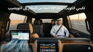 سيارة تويوتا لاند كروزر 2024 بيضاء لؤلؤية تسير على طريق النويصيب السريع، مع يافطة مرورية خضراء كبيرة تشير إلى "منفذ النويصيب الحدودي" و "المملكة العربية السعودية". الشعار والرقم 55485061 ظاهر بوضوح على أبواب السيارة، مع نص ترويجي بارز في الأعلى باللغتين العربية والإنجليزية.