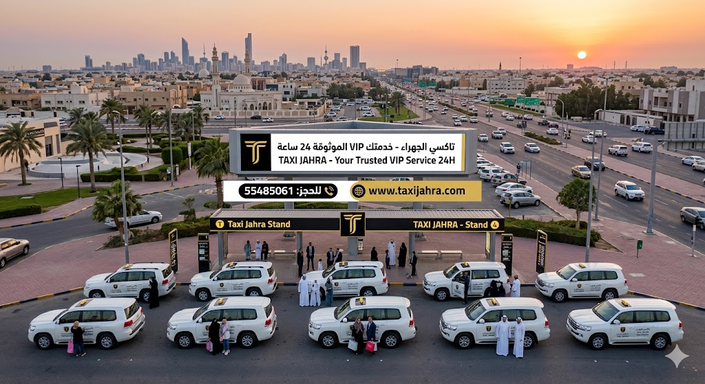 موقف تاكسي الجهراء (Taxi Jahra Stand) يضم أسطولاً كبيراً من سيارات الدفع الرباعي الحديثة مع لوحة إعلانية ضخمة تبرز رقم الحجز 55485061 وموقع taxijahra.com الرسمي وقت الغروب في الكويت.