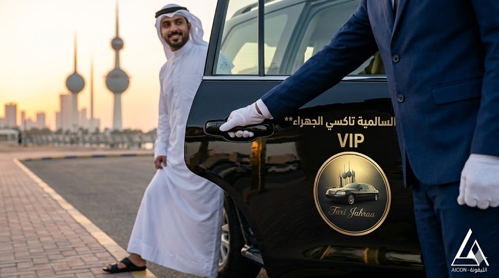 سائق محترف بزي رسمي يفتح باب سيارة ليموزين سوداء لعميل في خدمة تكسي السالمية تاكسي الجهراء، تظهر أبراج الكويت في الخلفية مع لوجو وكالة الأيقونة المطور للموقع.
