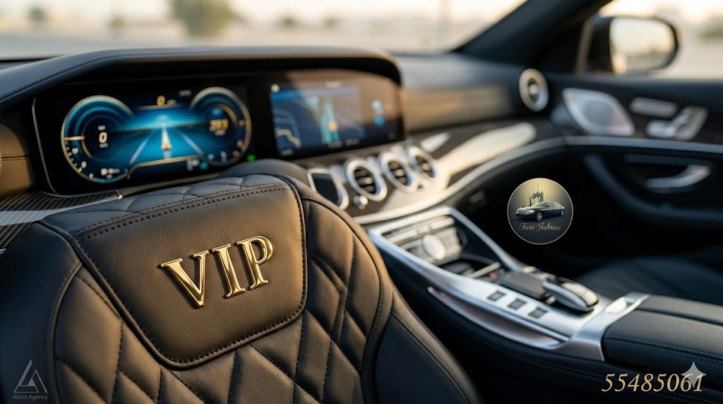 زووم على شعار VIP ذهبي على مقعد جلدي أسود فاخر داخل سيارة تكسي الجابرية تاكسي الجهراء موديل 2026، مع لمسة احترافية من وكالة الأيقونة.