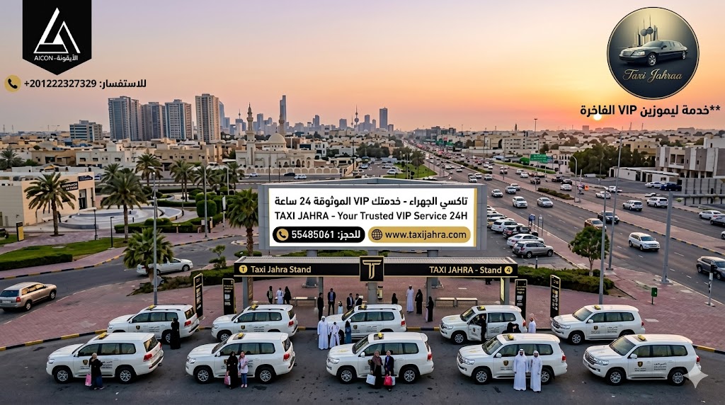 أسطول سيارات تاكسي الجهراء (Land Cruiser 2026) يقدم خدمة VIP في منطقة سلوى، الكويت، وقت الغروب. الصورة تبرز رقم الحجز 55485061 وموقع https://www.google.com/url?sa=E&source=gmail&q=taxijahra.com وموقف تكسي سلوى تكسي الجهراء المخصص.
